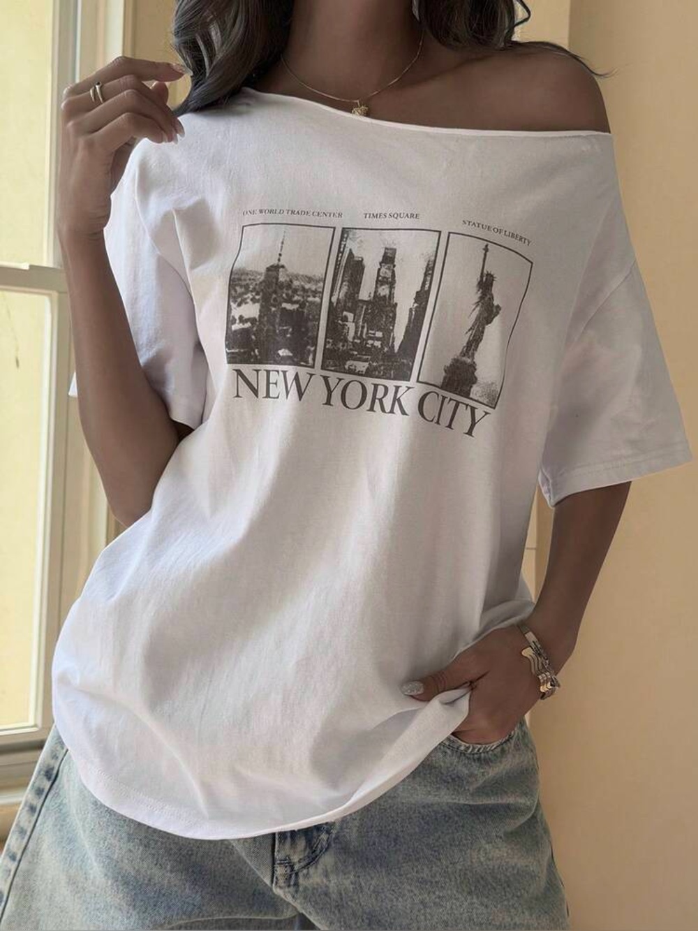 Dazy New York City, NYC White Off The Shoulder Graphic T-shirt